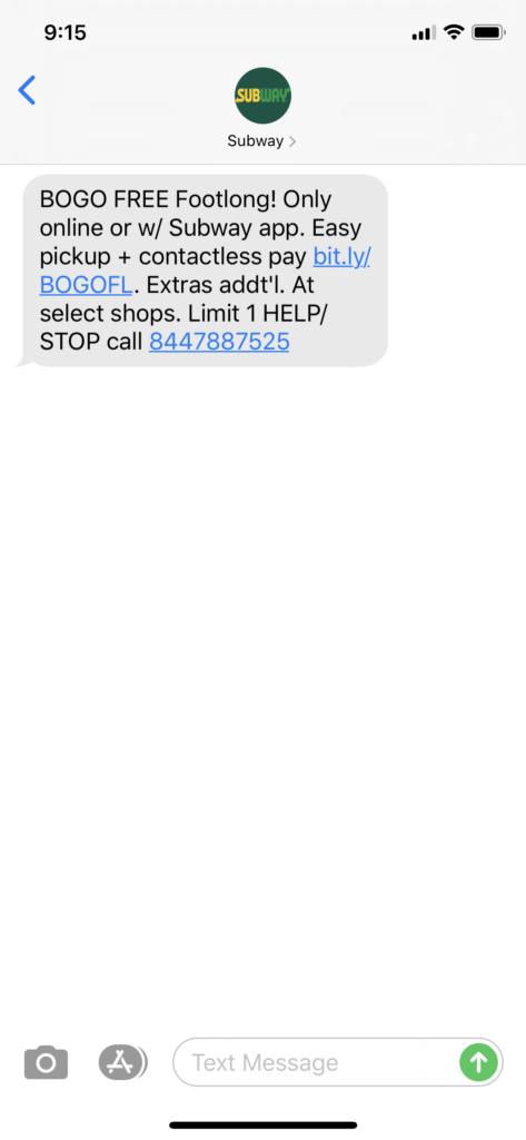 Subway Text Message Marketing Example - 05.19.2020