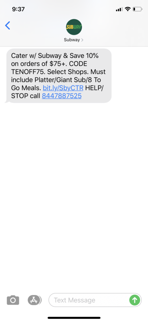 Subway Text Message Marketing Example - 05.21.2020