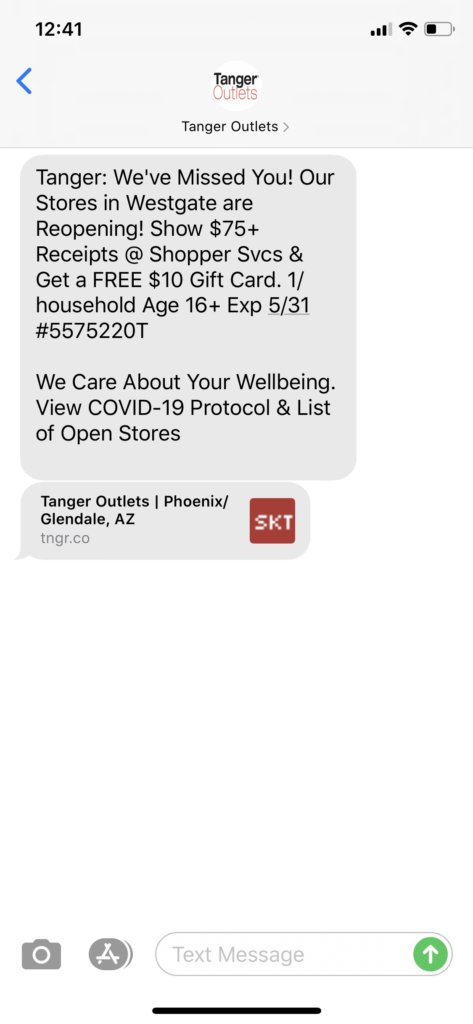Tanger Outlets Text Message Marketing Example - 05.22.2020