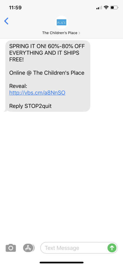 The Children’s Place Text Message Marketing Example - 05.02.2020