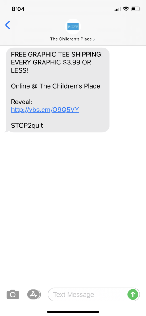 The Children’s Place Text Message Marketing Example - 05.26.2020
