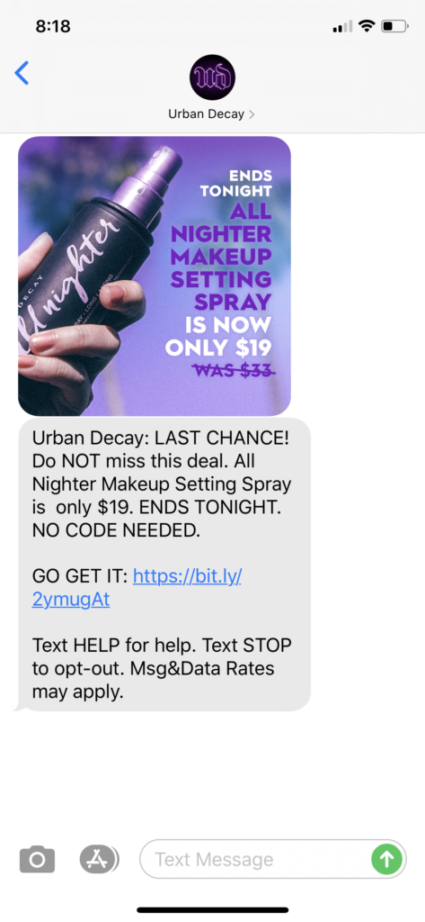 Urban Decay Text Message Marketing Example - 05.25.2020