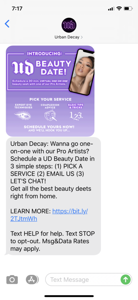 Urban Decay Text Message Marketing Example - 05.27.2020