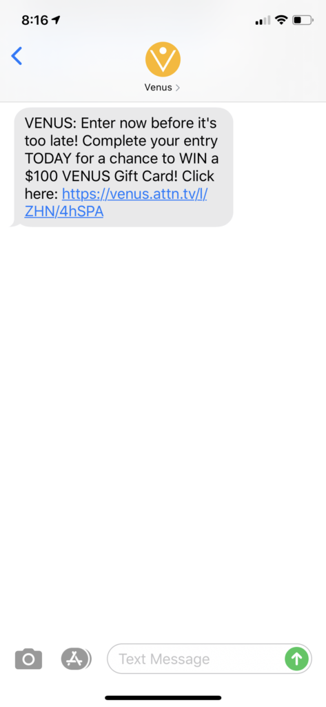 Venus Text Message Marketing Example - 05.25.2020