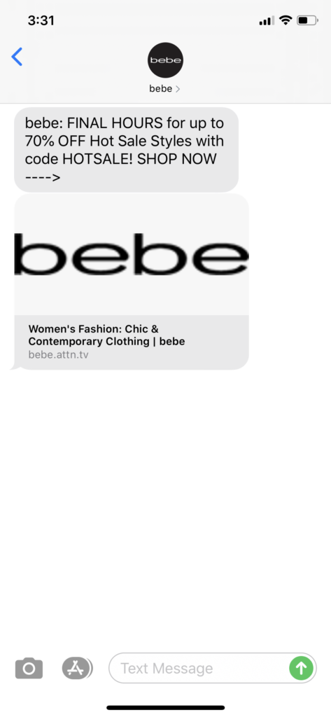 Bebe Text Message Marketing Example - 05.31.2020