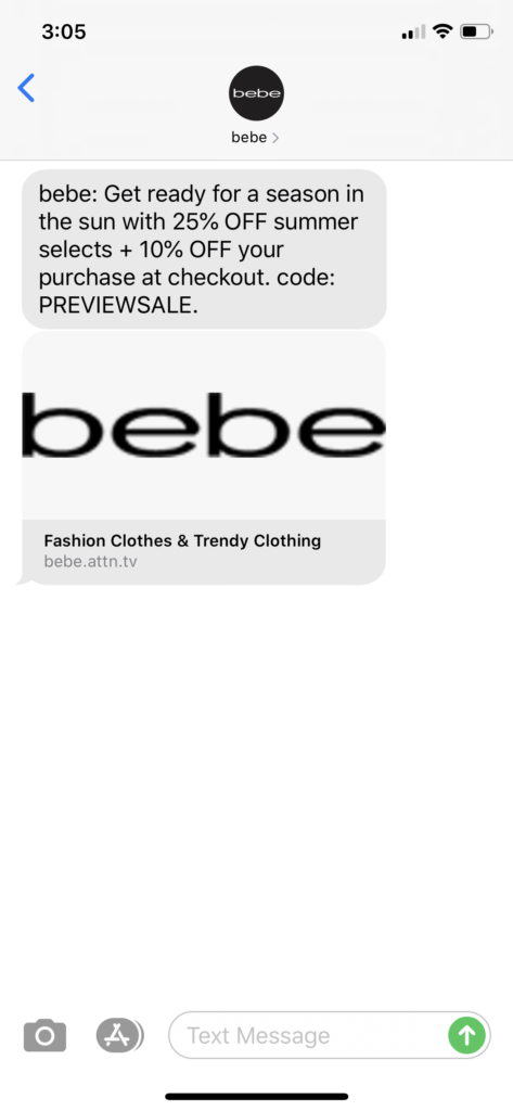 Bebe Text Message Marketing Example - 06.05.2020