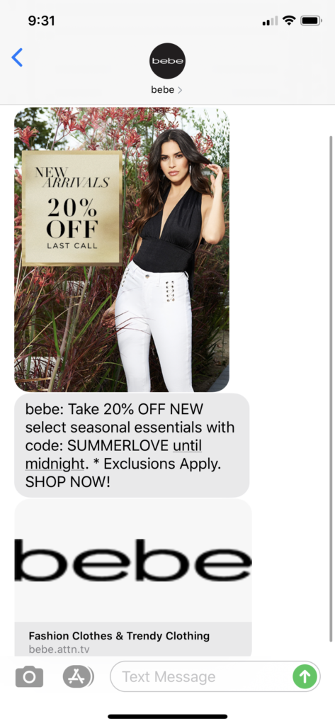 Bebe Text Message Marketing Example - 06.13.2020