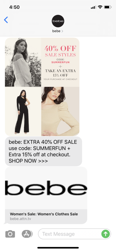 Bebe Text Message Marketing Example - 06.22.2020