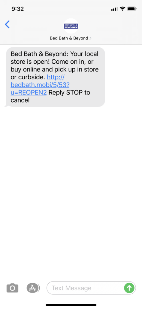 Bed Bath & Beyond Text Message Marketing Example - 06.13.2020