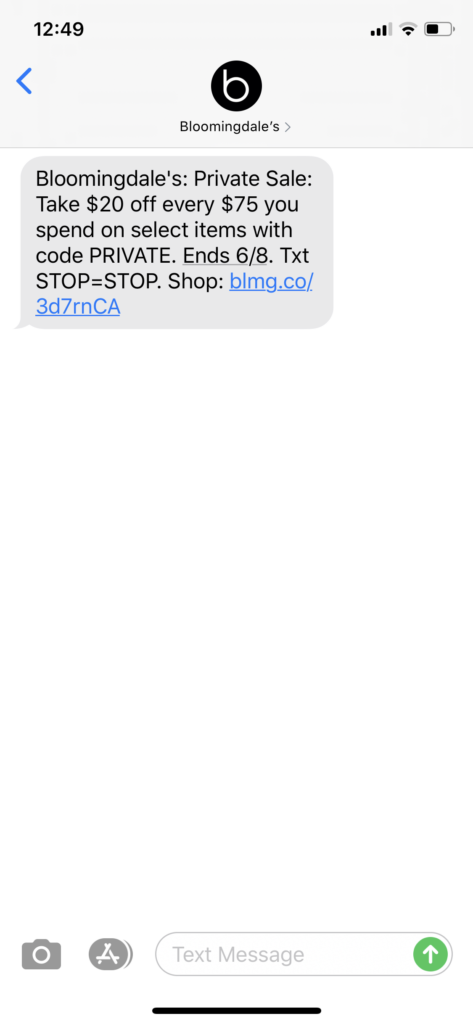Bloomingdale’s Text Message Marketing Example - 05.28.2020