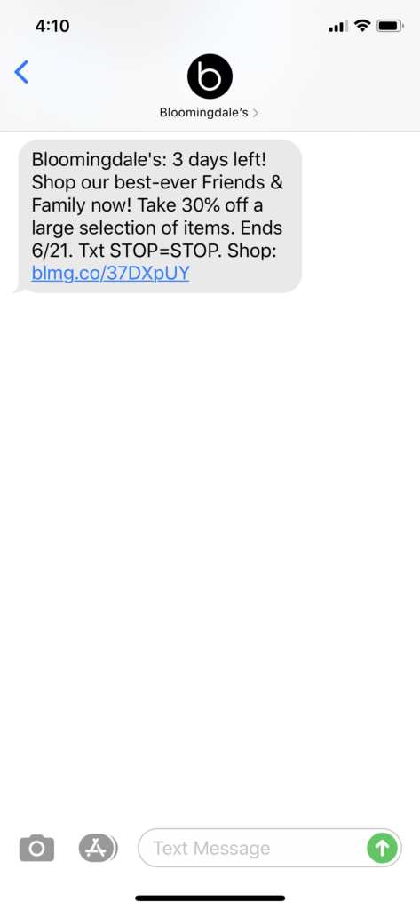 Bloomingdale’s Text Message Marketing Example - 06.19.2020