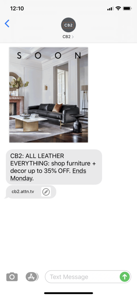 CB2 Text Message Marketing Example - 05.30.2020