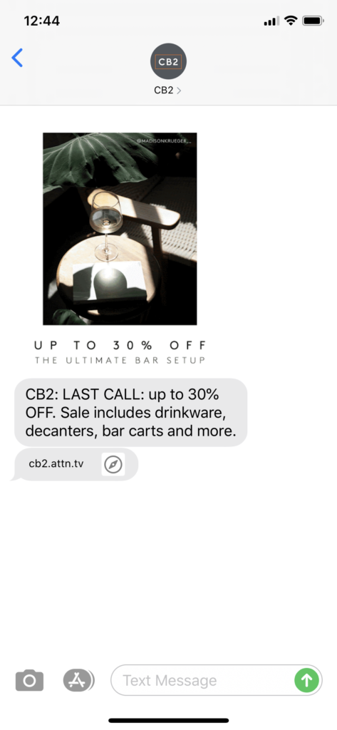 CB2 Text Message Marketing Example - 06.06.2020