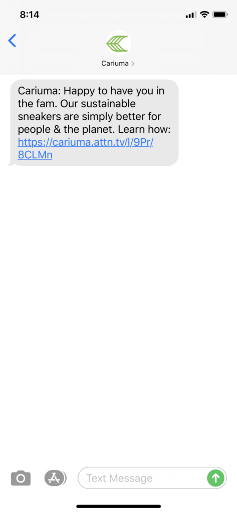 Cariuma Text Message Marketing Example - 06.02.2020