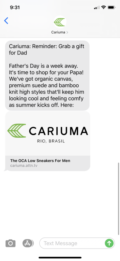 Cariuma Text Message Marketing Example - 06.13.2020