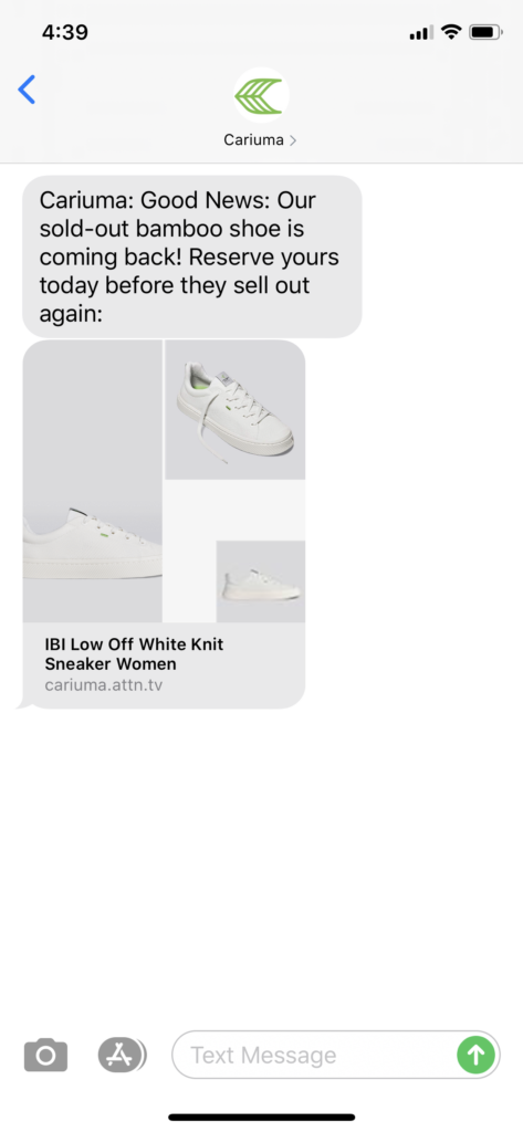 Cariuma Text Message Marketing Example - 06.17.2020