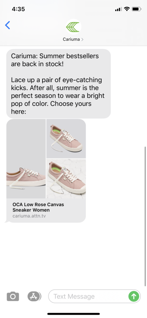 Cariuma Text Message Marketing Example - 06.21.2020