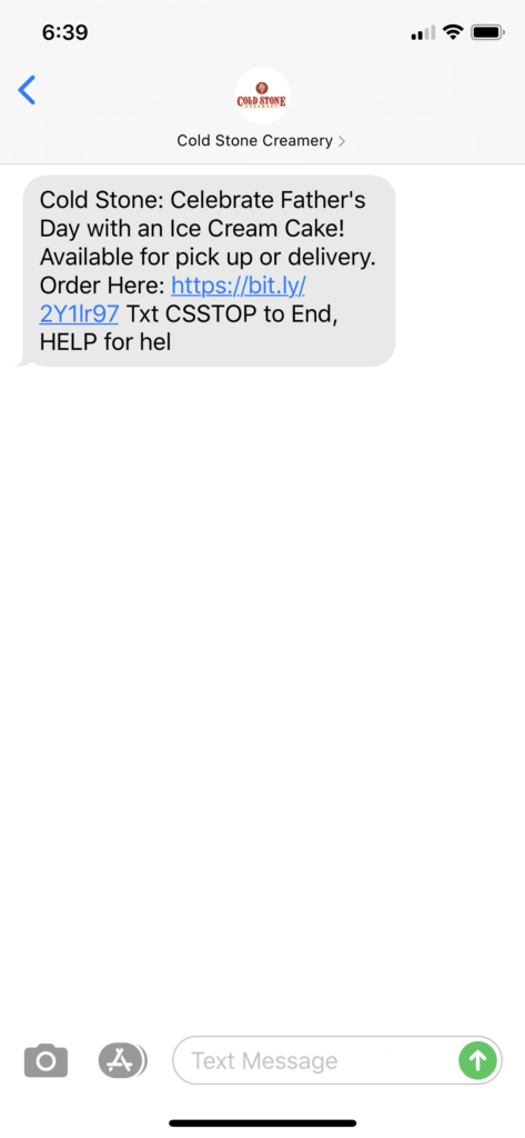 Coldstone Creamery Text Message Marketing Example - 06.15.2020