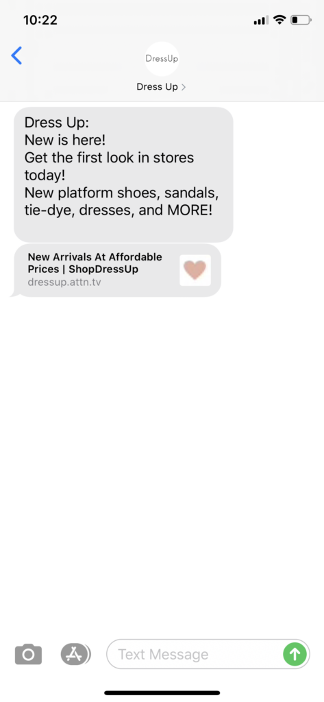 Dress Up Text Message Marketing Example - 05.29.2020