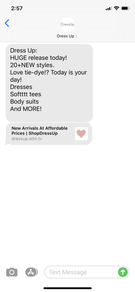 Dress Up Text Message Marketing Example - 05.30.2020