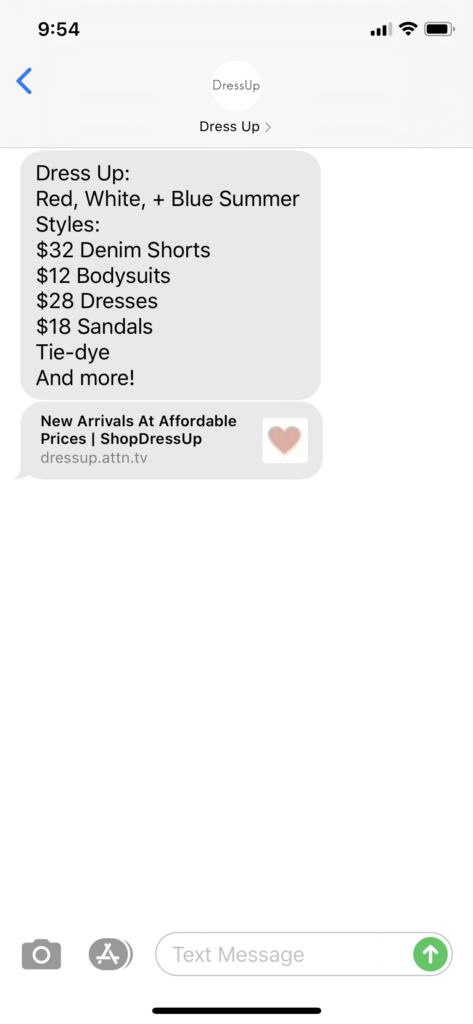 Dress Up Text Message Marketing Example - 06.13.2020