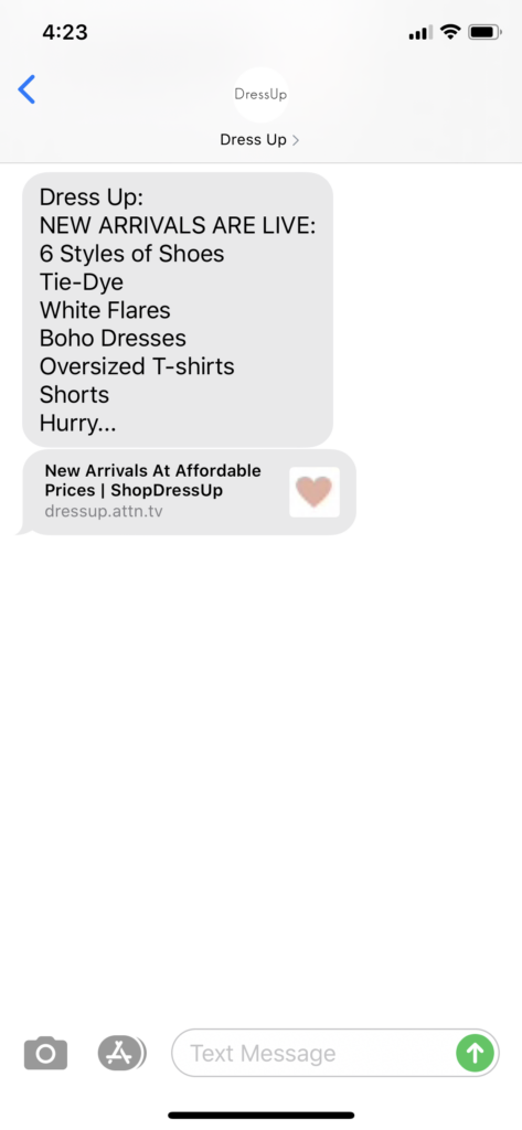 Dress Up Text Message Marketing Example - 06.20.2020