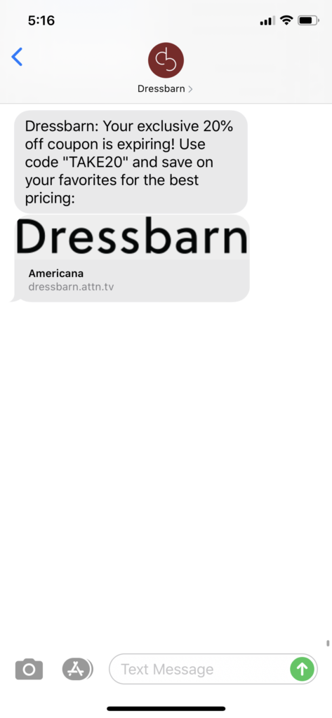Dressbarn Text Message Marketing Example - 06.20.2020