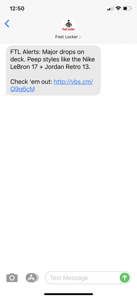 Foot Locker Text Message Marketing Example - 05.28.2020