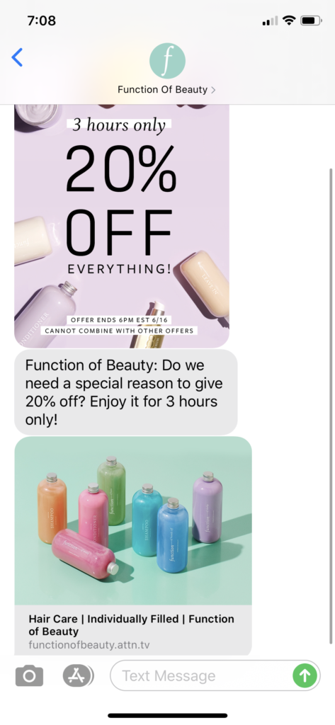 Function of Beauty Text Message Marketing Example - 06.16.2020