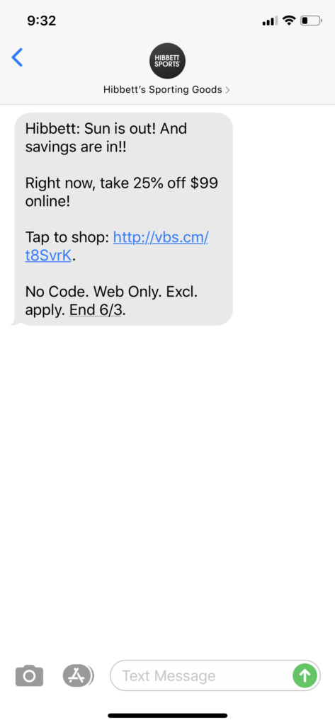 Hibbett’s Sporting Goods Text Message Marketing Example - 06.02.2020