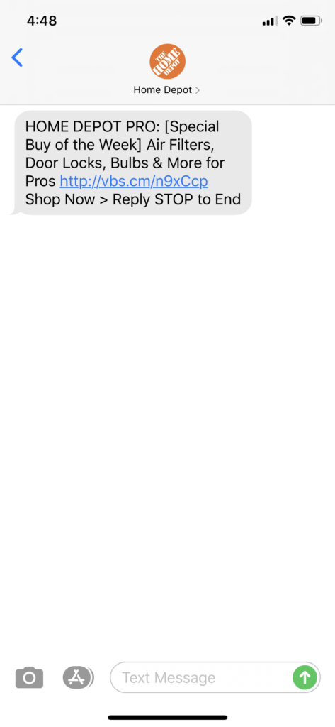 Home Depot Text Message Marketing Example - 06.22.2020