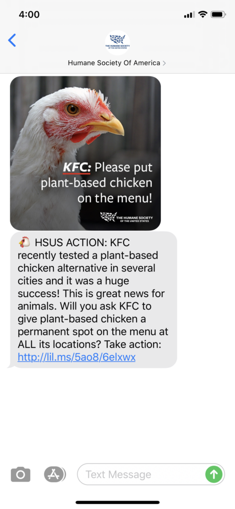 Humane Society of America Text Message Marketing Example - 06.18.2020