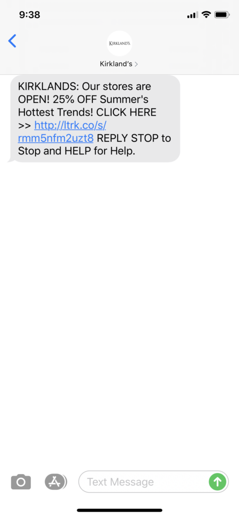 Kirkland’s Text Message Marketing Example - 06.13.2020