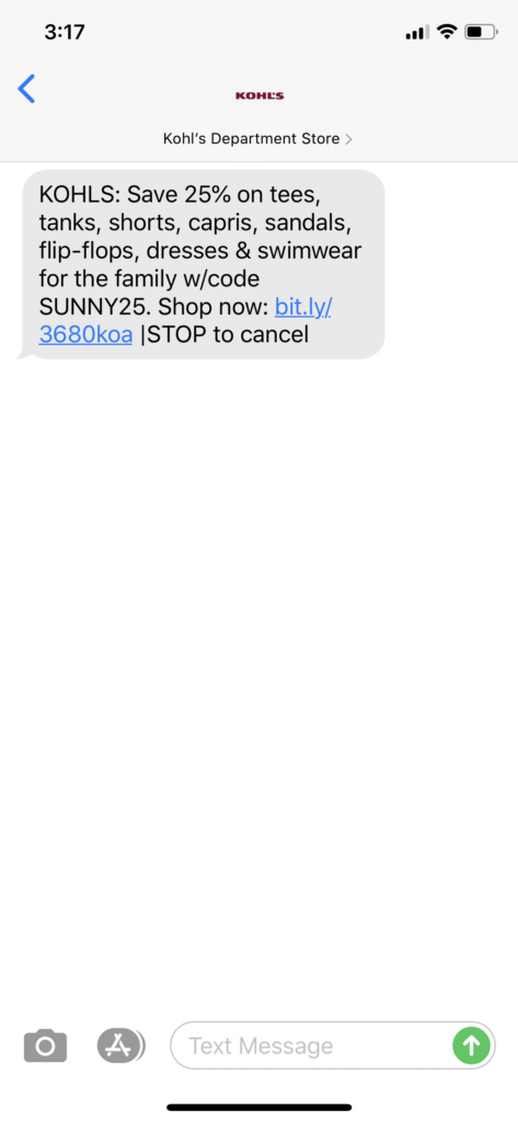 Kohl’s Text Message Marketing Example - 06.01.2020