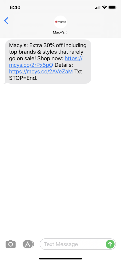 Macy’s Text Message Marketing Example - 06.15.2020