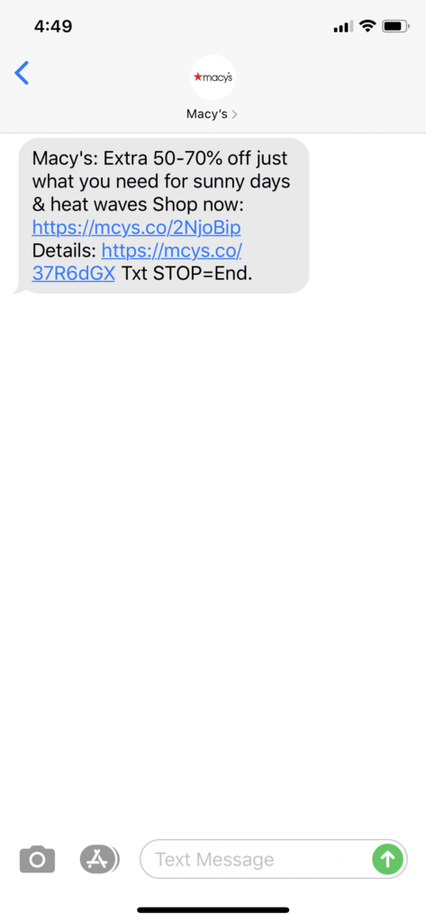 Macy’s Text Message Marketing Example - 06.22.2020