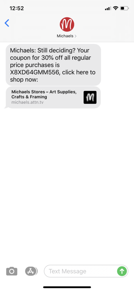 Michaels Text Message Marketing Example - 05.28.2020