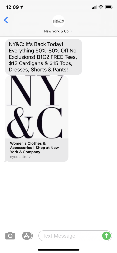 New York & Co. Text Message Marketing Example - 05.30.2020