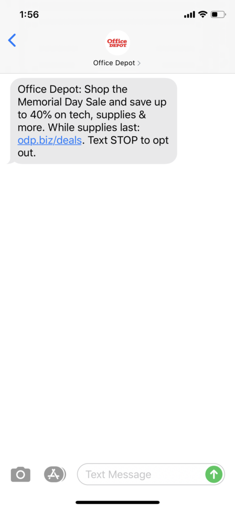 Office Depot Text Message Marketing Example - 05.28.2020