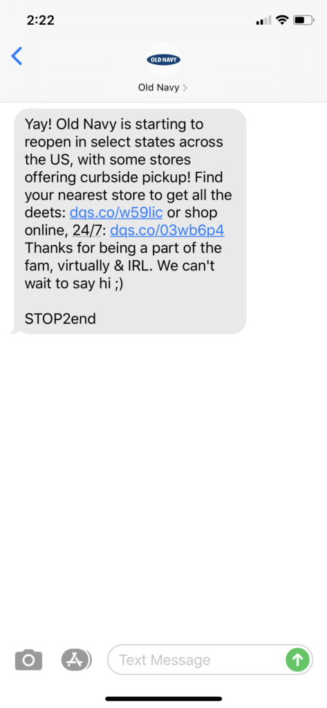 Old Navy Text Message Marketing Example - 06.05.2020