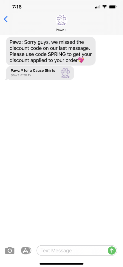 PAWZ Text Message Marketing Example - 06.10.2020