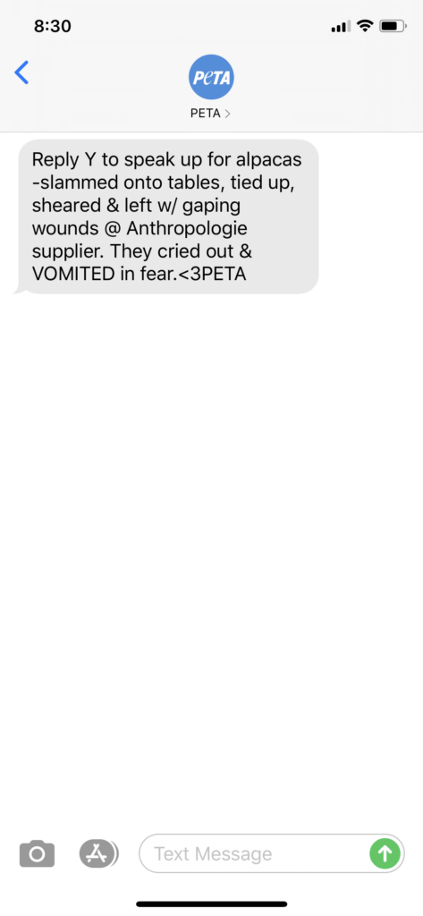 PETA Text Message Marketing Example - 06.04.2020
