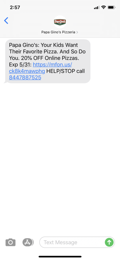 Papa Gino’s Pizzeria Text Message Marketing Example - 05.30.2020