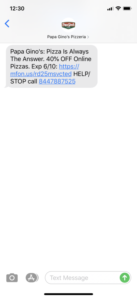 Papa Gino’s Pizzeria Text Message Marketing Example - 06.08.2020