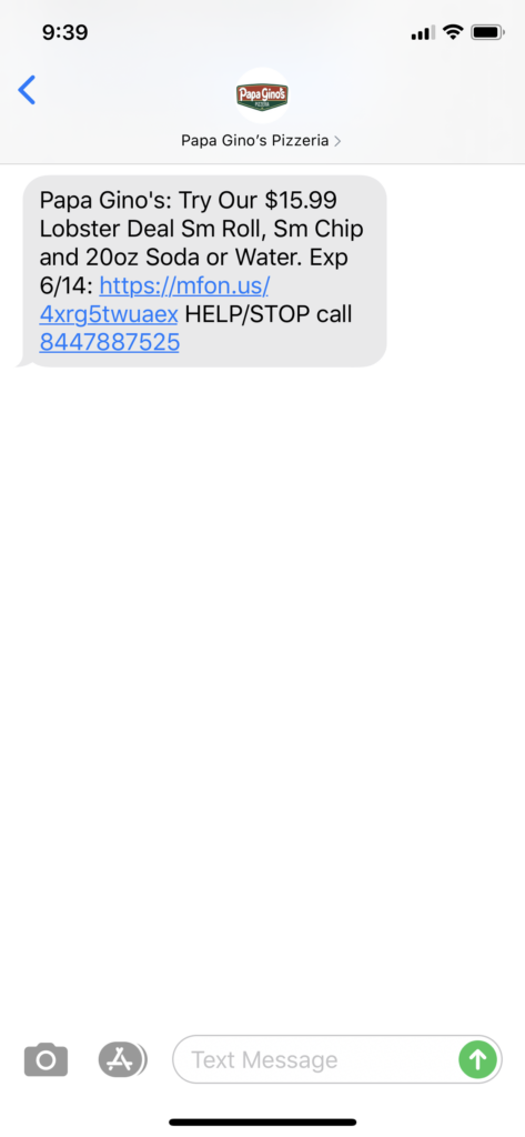Papa Gino’s Pizzeria Text Message Marketing Example - 06.13.2020