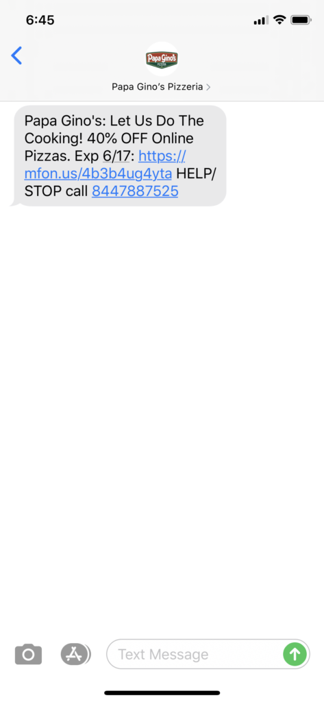 Papa Gino’s Pizzeria Text Message Marketing Example - 06.15.2020