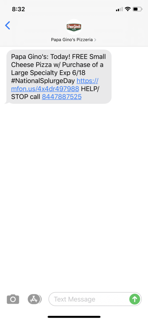Papa Gino’s Pizzeria Text Message Marketing Example - 06.16.2020