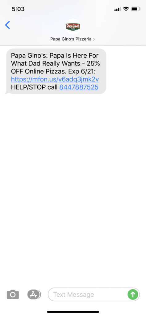 Papa Gino’s Pizzeria Text Message Marketing Example - 06.20.2020