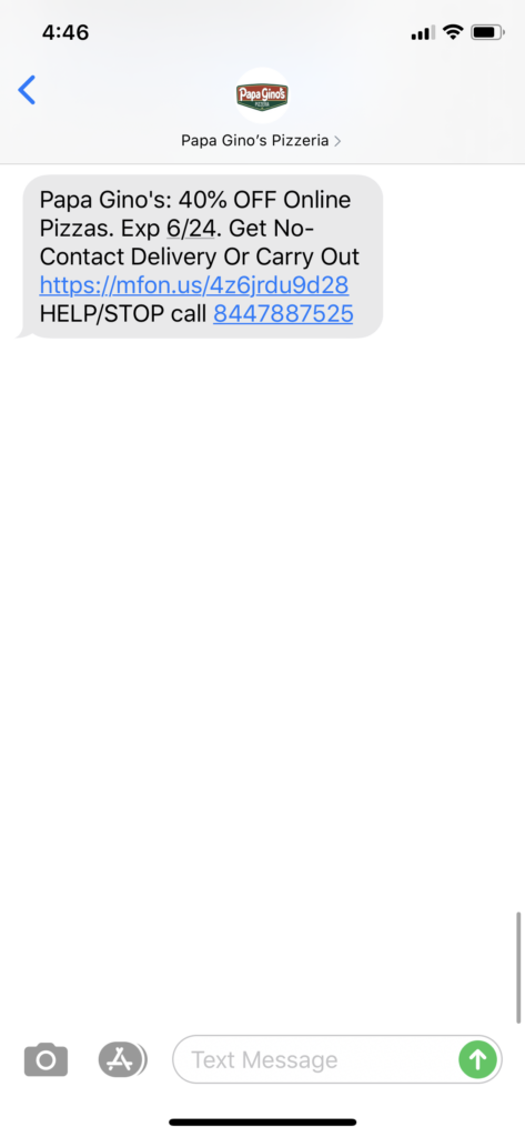 Papa Gino’s Pizzeria Text Message Marketing Example - 06.22.2020