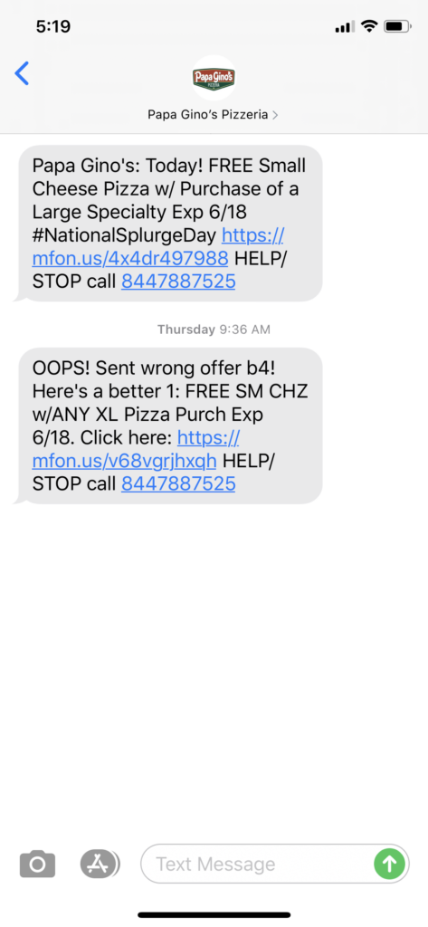 Papa Gino’s Pizzeria Text Message Marketing Example - 06.18.2020